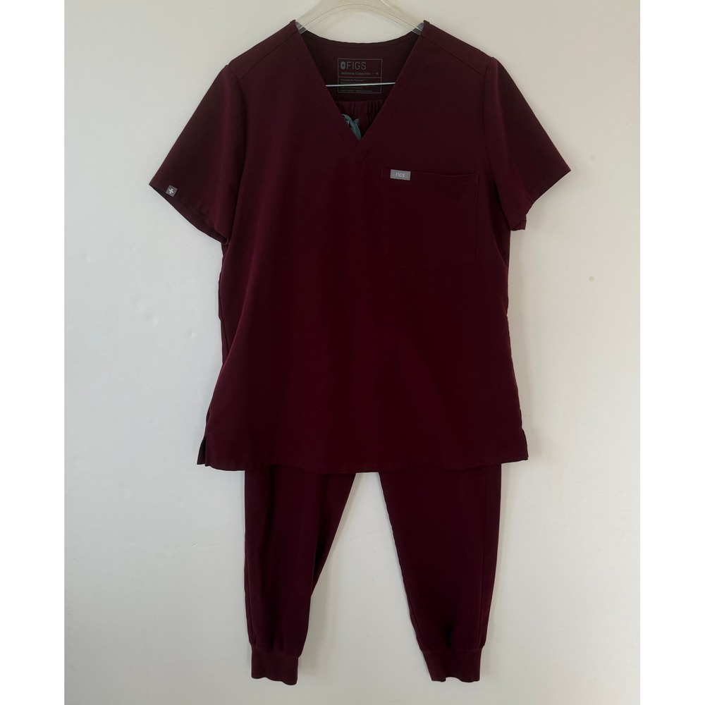 FIGS Scrub Set Medium Burgundy Casma V-Neck Top Zamora Joggers Maroon Women